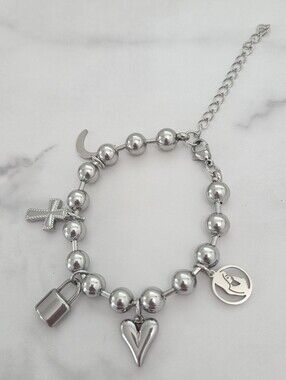 ​Silver Beaded Religious Multi Charm Stainless Steel Bracelet